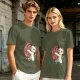 Olive T-Shirt With Cute White Cat Hugging Anatomical Heart Print