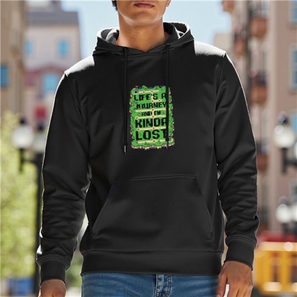 Black hoodie with pixel art 'Life's a journey and it's kinda lost' print