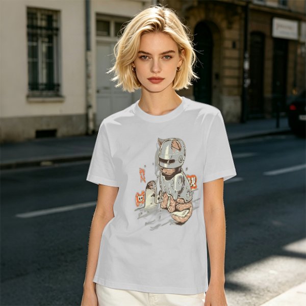 Olive Green T-Shirt With Cat In Robot Helmet Graphic Print