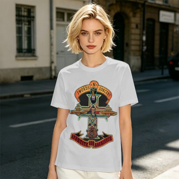 Olive graphic t-shirt with swords n sorcery appetite for sacrifice cross design