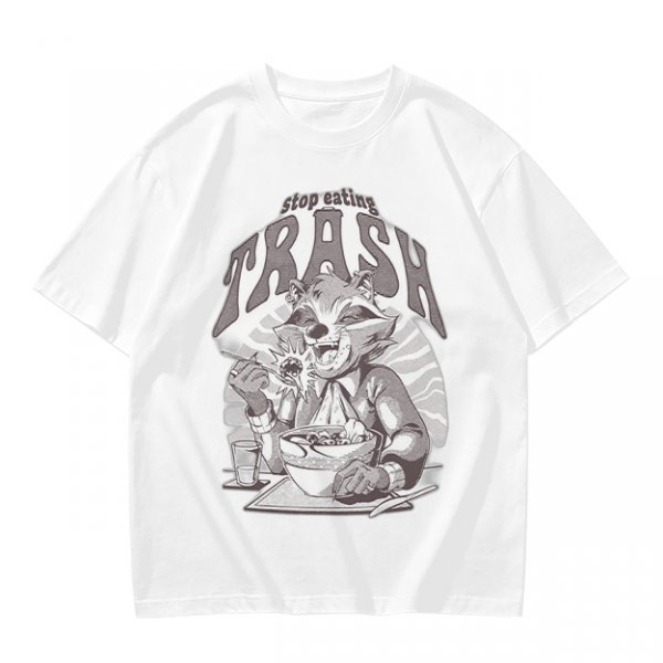 Olive graphic t-shirt with raccoon eating and 'Stop eating TRASH' print