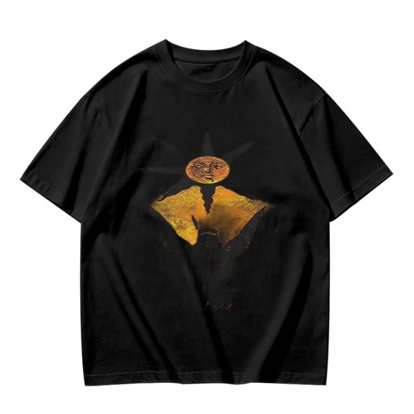 Olive Green T-Shirt With Sun And Dark Figure Graphic Print