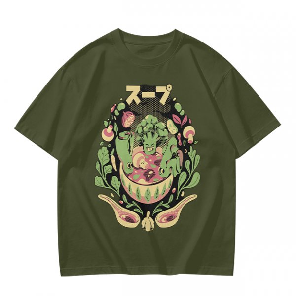 Olive green t-shirt with playful vegetable soup graphic print