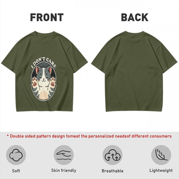 Olive T-shirt with I Don't Care Cat Graphic Print