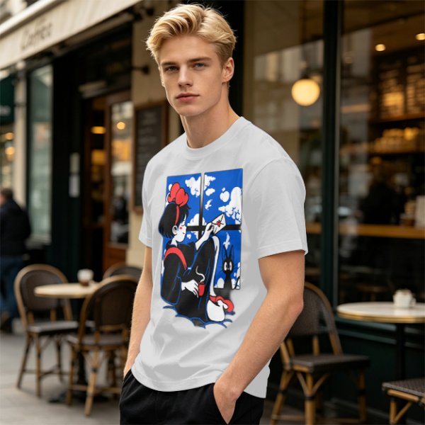 Olive t-shirt with Kiki's Delivery Service window print of girl reading letter