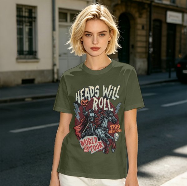Olive graphic t-shirt featuring Headless Horseman 'Heads Will Roll World Tour' print