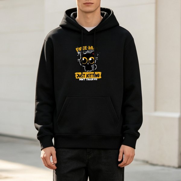 Black hoodie with cute black cat and 'Just Kitting Don't Touch Me' print