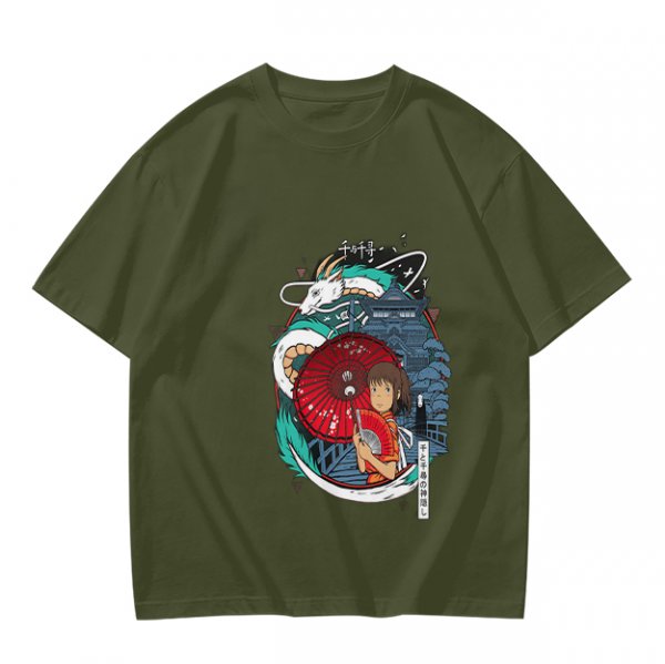 Spirited Away anime graphic olive green short sleeve t-shirt