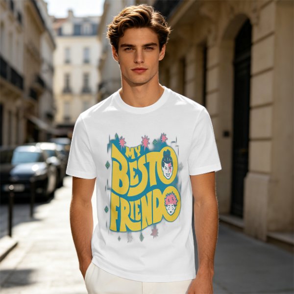 Olive graphic t-shirt with 'MY BESTO FRIENDO' anime character print