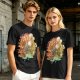 Olive Green T-Shirt with Whimsical Nature Floral and Rock Art Print
