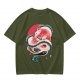 Olive T-shirt with stylized white dragon and red circular graphic print