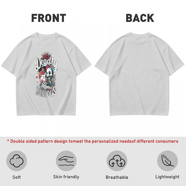 Olive graphic t-shirt with 'I Am Deadly Serious' and unicorn grim reaper art
