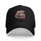 Black baseball cap with devil cat driving flaming car 'Do You Wanna Ride?' print