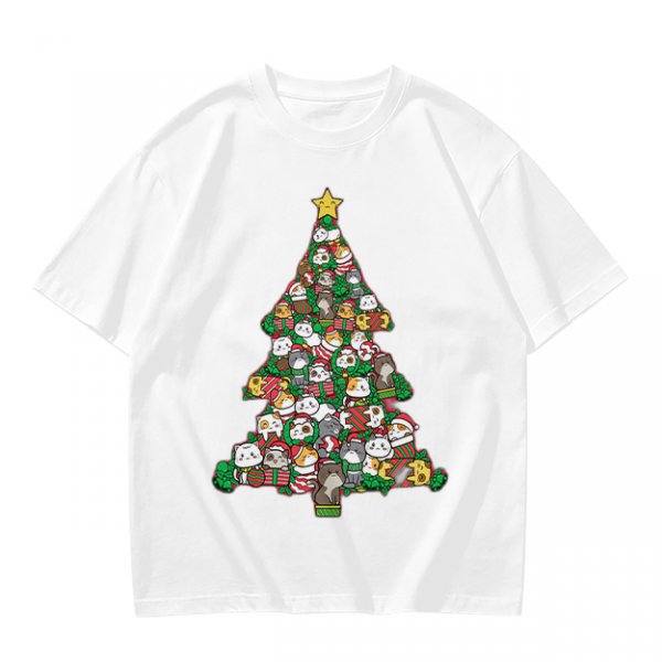 Olive T-Shirt With Cute Cat Christmas Tree Holiday Print