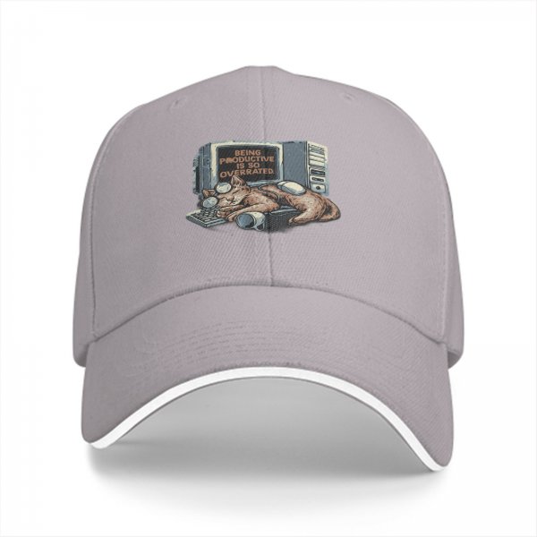 Black Baseball Cap With 'Being Productive Is So Overrated' Cat Computer Art