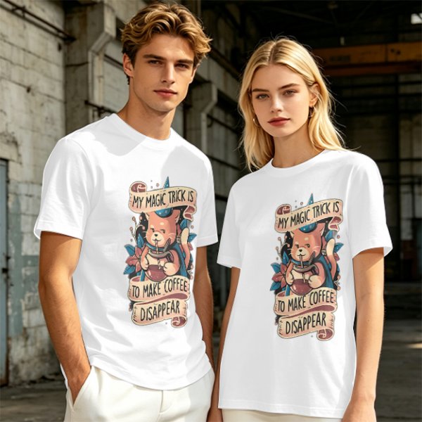 Olive t-shirt with a cat wizard making coffee disappear magic trick print
