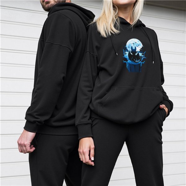 Black hoodie with night dragon silhouette against full moon graphic