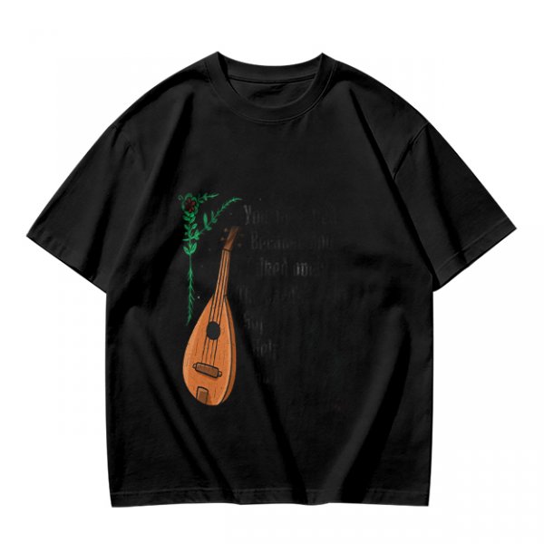 Olive Green T-Shirt with Lute and Botanical Graphic Print