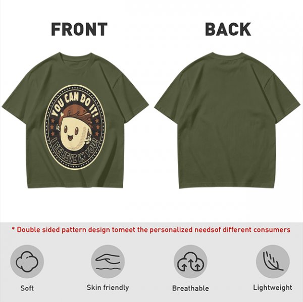 Olive green t-shirt with encouraging coffee character graphic and motivational text