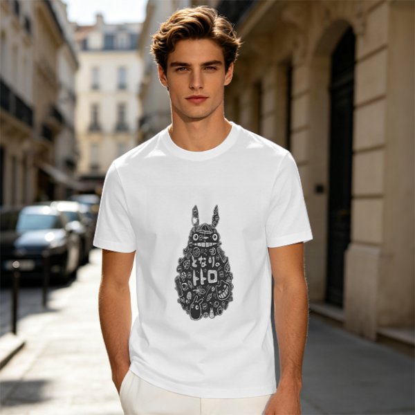 Olive T-shirt with Totoro Doodle Art Print