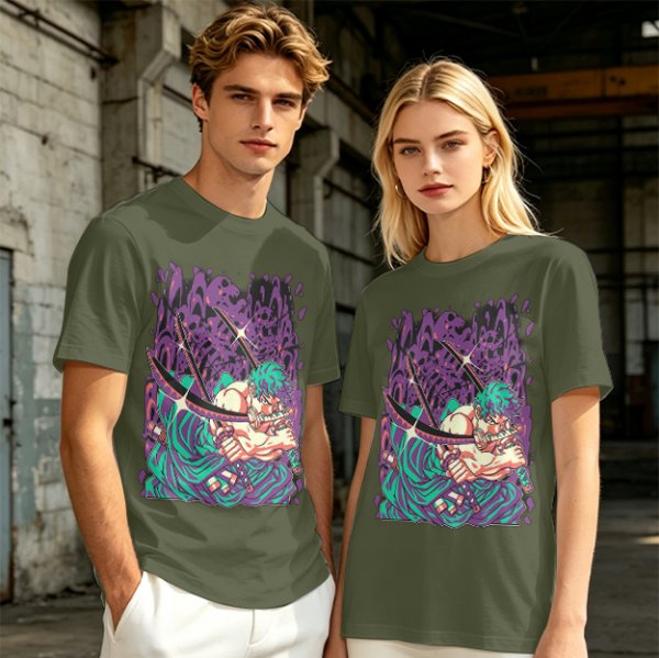 Olive T-Shirt With Anime Swordsman Graphic Print