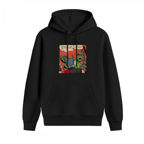 Black hoodie with Thor and Hulk comic book style graphic