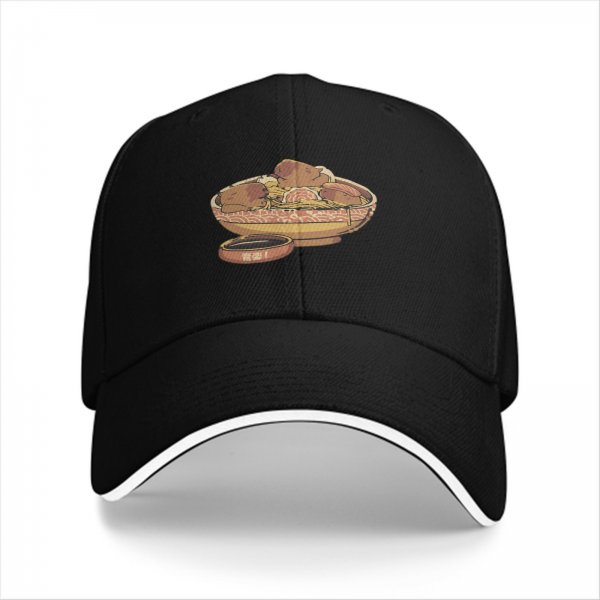 Black Baseball Cap with Ramen Bowl Graphic Print