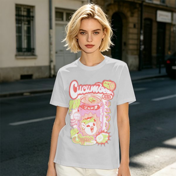 Olive green graphic t-shirt with cucumber juice themed print