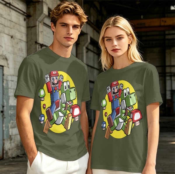Olive T-shirt with Block Style Mario Riding Yoshi and Mushroom Graphics