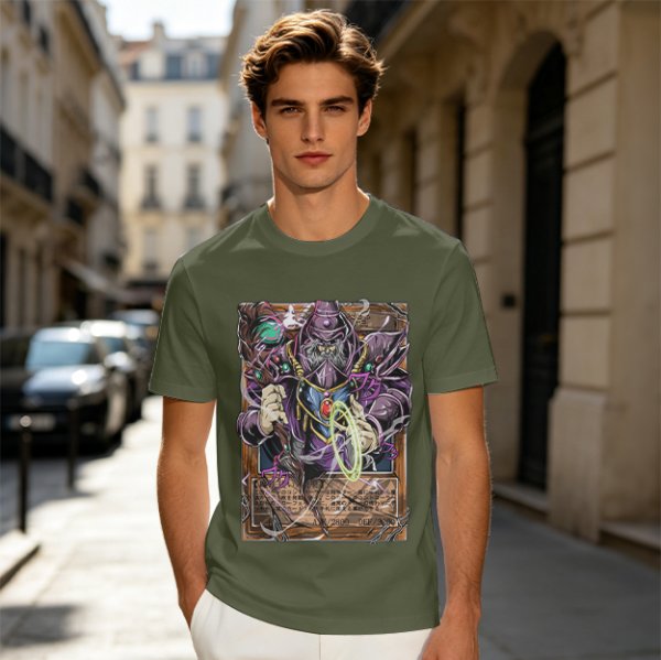 Olive T-Shirt Featuring Fantasy Wizard Card Artwork