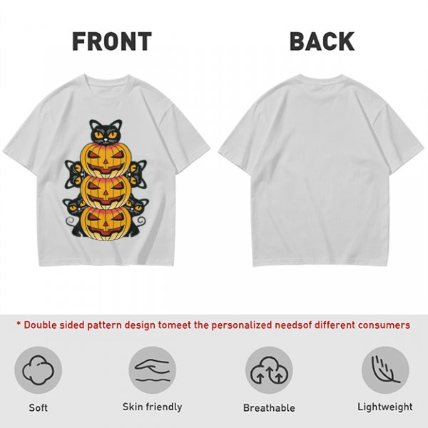 Olive Halloween T-Shirt with Stacked Jack-o'-Lanterns and Black Cats
