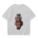 Olive t-shirt with a cartoon cat and coffee cup graphic