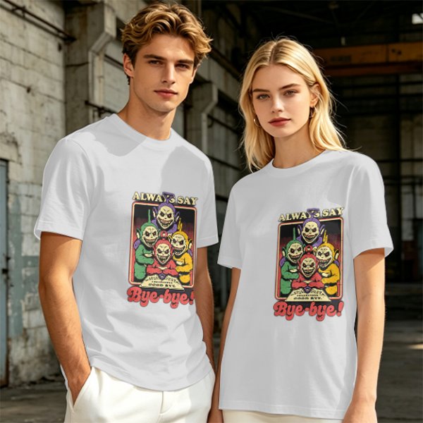 Olive t-shirt with creepy Teletubbies 'Always Say Bye-bye' print