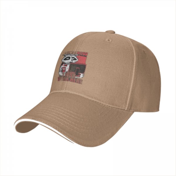 Black baseball cap with a tired raccoon office worker graphic