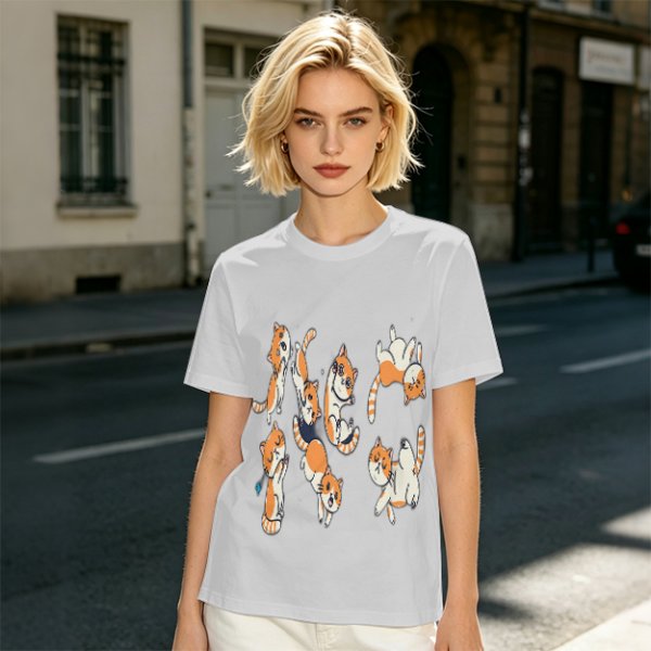 Olive T-Shirt With Playful Orange Kitten Illustrations