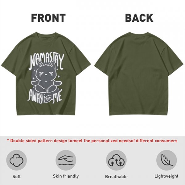 Olive green t-shirt with meditating cat and 'namastay away from me' print