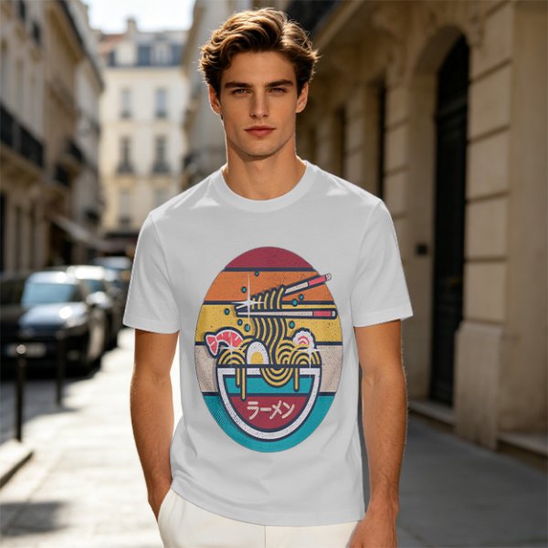 Olive T-shirt with Retro Ramen Bowl Chopsticks Graphic