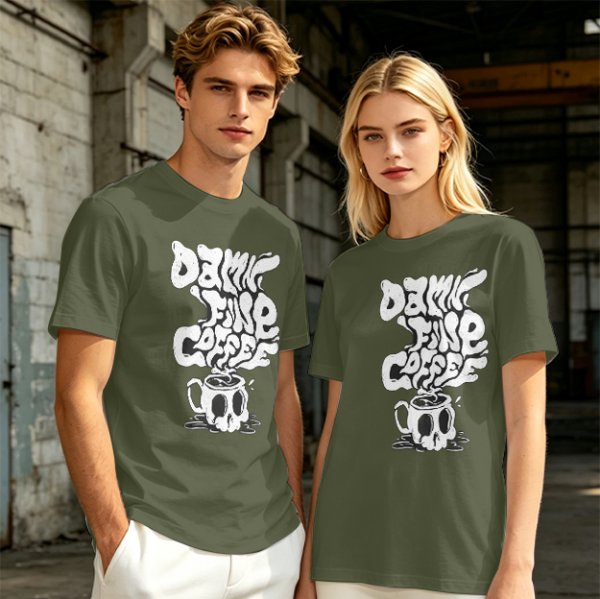 Olive Graphic T-Shirt With 'Damn Fine Coffee' Skull Mug Print