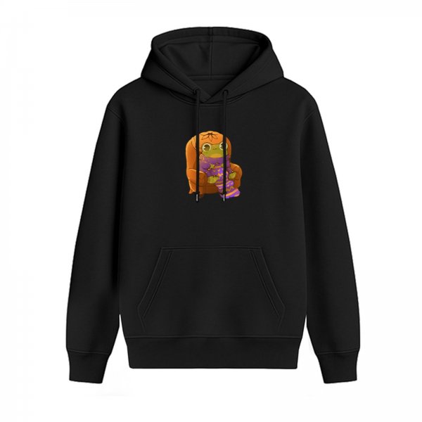 Black hoodie with a cute frog in pumpkin hat sitting on a chair graphic