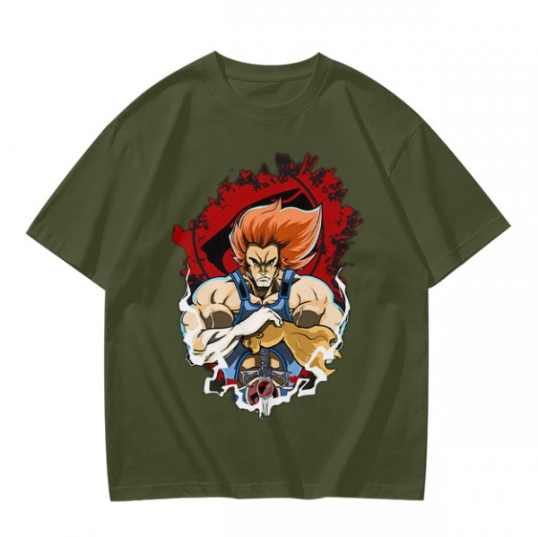 Olive T-Shirt with Retro Anime Lion Character Graphic