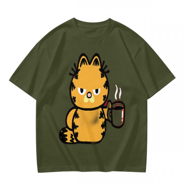 Olive T-Shirt With Grumpy Orange Cat Holding Hot Coffee Print