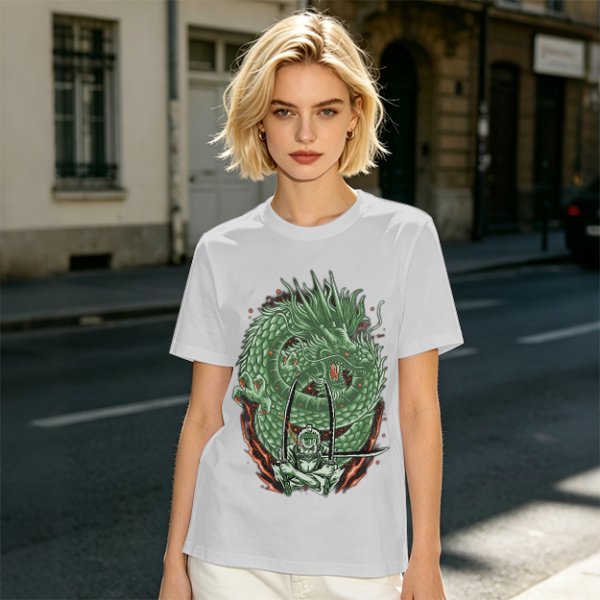 Olive T-shirt with Green Dragon and Samurai Warrior Graphic