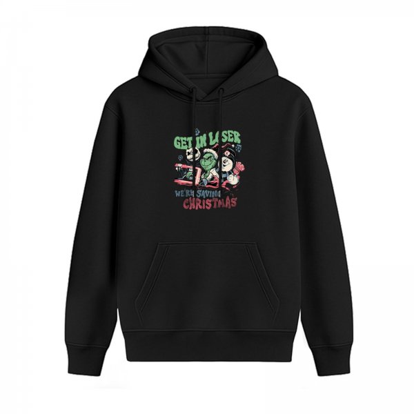 Black hoodie with 'Get In Loser We're Saving Christmas' festive graphic