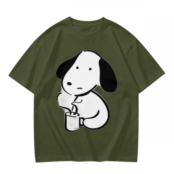 Olive Green T-Shirt With Cartoon Dog Holding Hot Drink Graphic