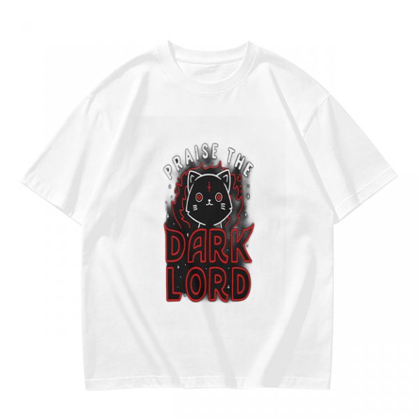 Olive t-shirt with 'Praise the Dark Lord' and dark cat graphic