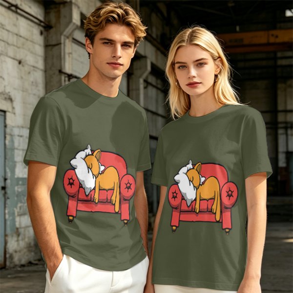 Olive green t-shirt with a sleeping orange cat on a red armchair print