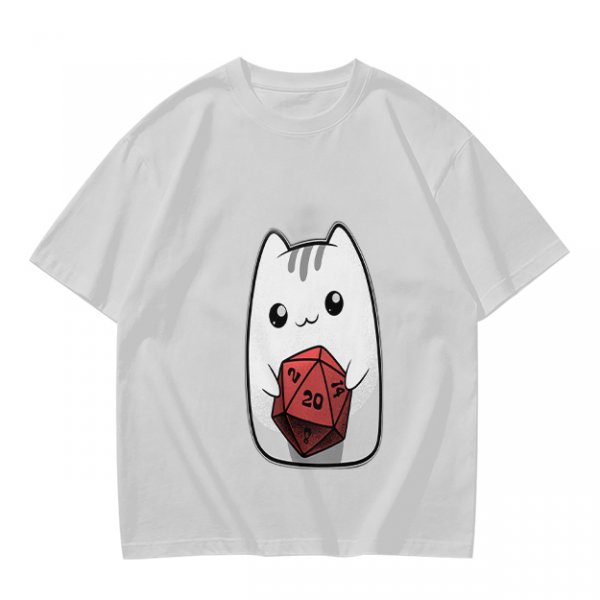 Olive T-Shirt With Cute White Cat Holding D20 Dice Print