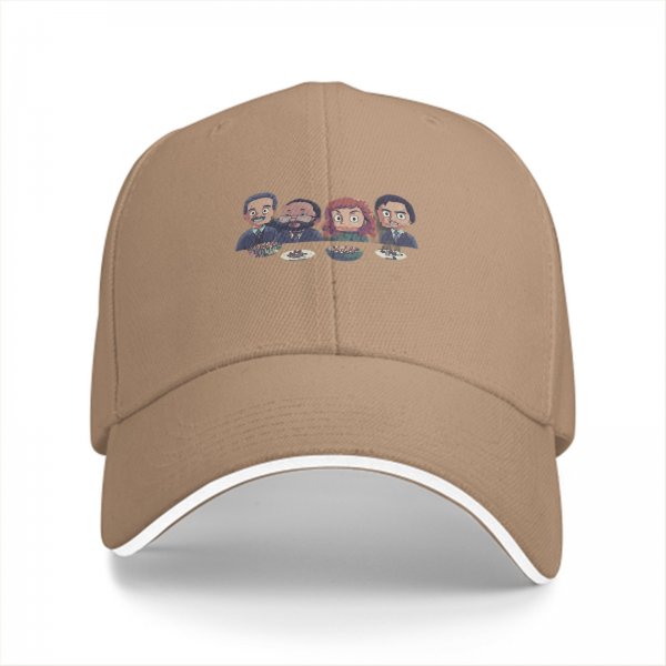 Black baseball cap with cartoon characters eating at table print