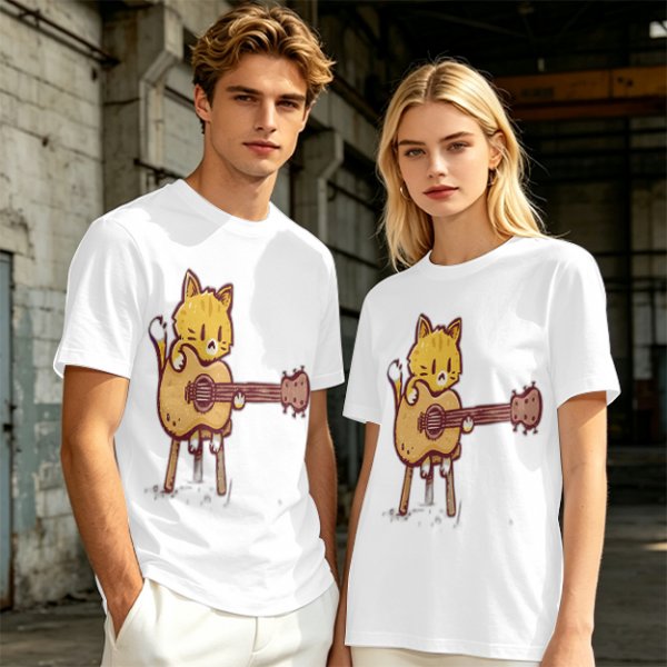 Olive T-shirt with Cute Orange Cat Playing Guitar Graphic