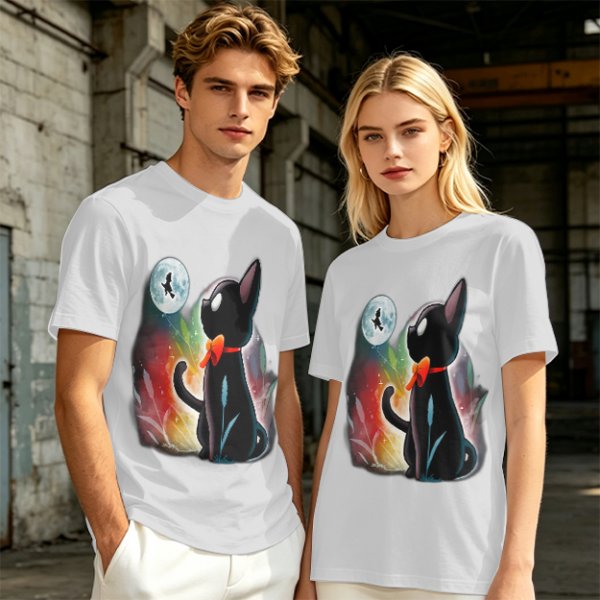 Olive T-shirt with black cat watching moon witch silhouette print